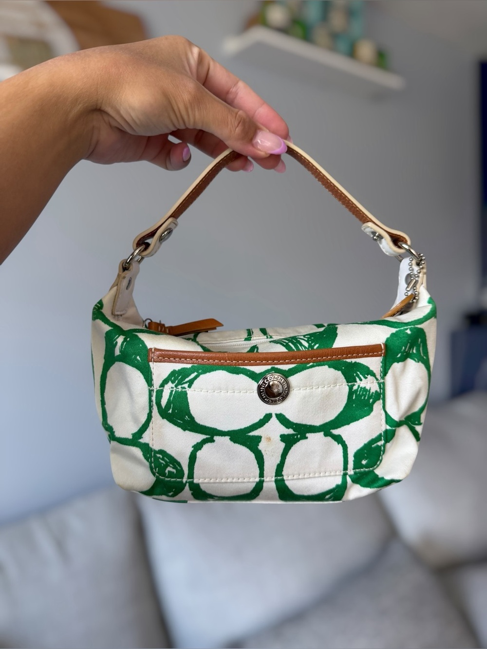Vintage Y2K Coach Green Cream Scribble Hampton Mini Shoulder Bag + Hangtag
